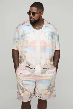 Boohoo Plus Oversized Half Sleeve Palm Tree Printed Satin Shirt & Short Set - - XXXL