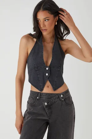 MissPap Womens Button Front Halterneck Denim Top - - 8
