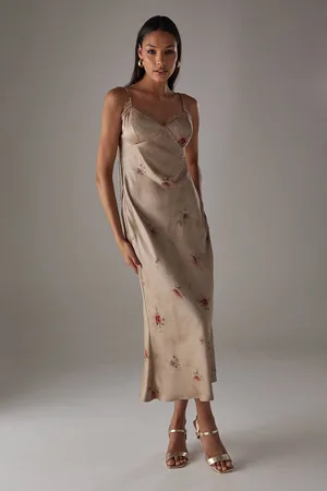 warehouse Womens Rose Satin Tie Strap Lace Detail Midi Slip Dress - - 16