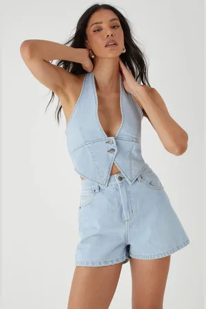 MissPap Womens Button Front Halterneck Denim Top - - 10