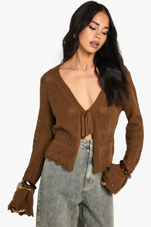 Boohoo Womens Crochet Knitted Tie Front Flare Sleeve Cardigan - - XS
