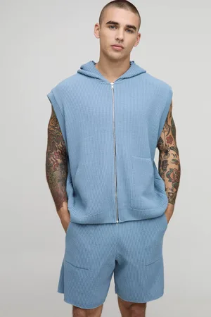 Boohoo Oversized Fit Ribbed Knitted Zip Through Hoodie and Shorts Set - - M