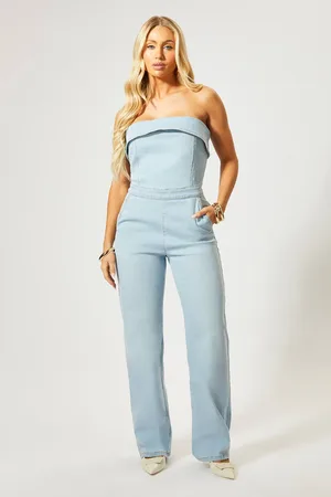 MissPap Womens Fold Over Bandeau Denim Jumpsuit - - 14