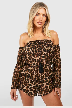 Boohoo Womens Leopard Chiffon Bardot Tassel Beach Playsuit - - M