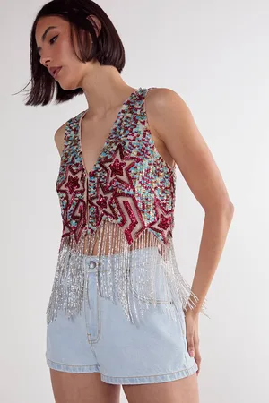 NASTY GAL Womens Sequin Star Lightening Bolt Tassel Vest - - 10