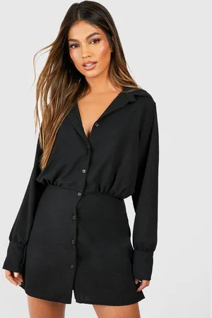 Boohoo Womens Hammered Blouson Button Front Shirt Dress - - 8