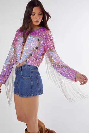 NASTY GAL Womens Iridescent Embellished Star Tassel Jacket - - 14