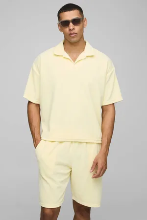 Boohoo Oversized Boxy Velour Short Sleeve Revere Polo Shorts Set - - M