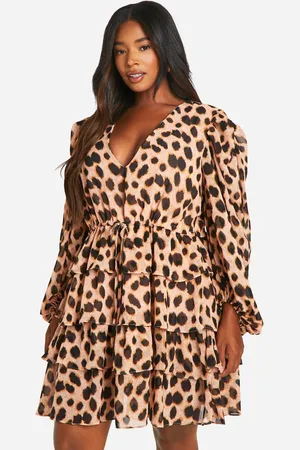 Boohoo Womens Plus Leopard Chiffon Tiered Frill Skater Dress - - 22
