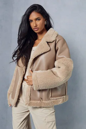 MissPap Womens Contrast Borg Detail Aviator Jacket - - 8
