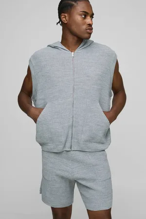 Boohoo Oversized Fit Ribbed Knitted Zip Through Hoodie and Shorts Set - - XS