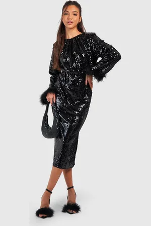 Boohoo Womens Feather Cuff Sequin Midi Dress - - 12