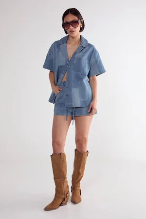 NASTY GAL Womens (Az) Denim Patchwork Contrast Stitch Resort Shirt - - 10