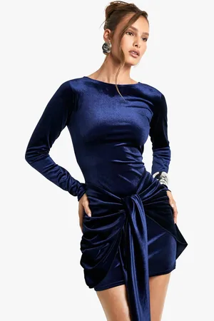 Boohoo Womens Velvet Tie Waist Long Sleeve Mini Dress - - 10