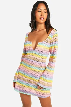 Boohoo Womens Rainbow Stripe Crochet Beach Dress - - M