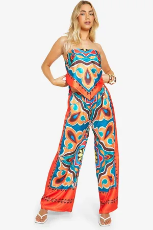 Boohoo Womens Satin Abstract Print Bandeau & Wide Leg Trousers - - 12