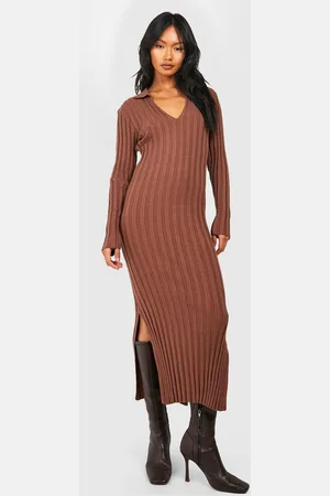 Boohoo Womens Rib Knit Collar Detail Midaxi Dress - - S
