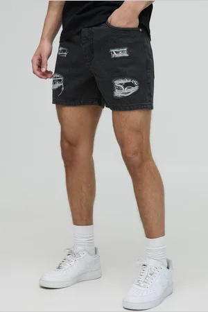 Boohoo Slim Rigid Bandana Rip & Repair Paint Splatter Denim Shorts - - 36