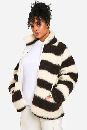Boohoo Womens Plus Stripe Oversized Curly Teddy Zip Up Jacket - - 16