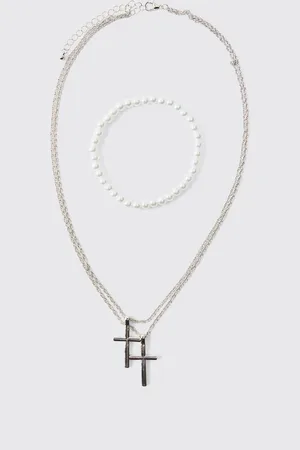 Boohoo Double Cross Necklace and Pearl Bracelet Set - - One Size