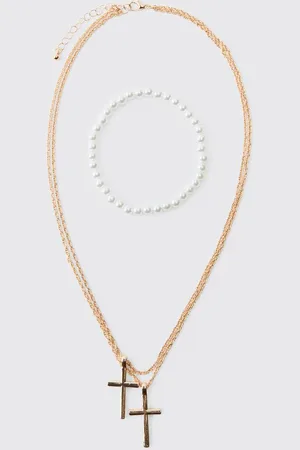 Boohoo Double Cross Necklace and Pearl Bracelet Set - - One Size