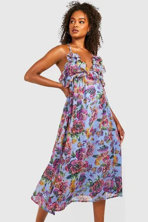 Boohoo Womens Tall Floral Dobby Ruffle Strappy Midi Dress - - 6