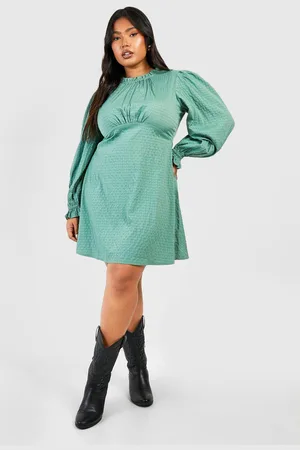 Boohoo Womens Plus Texured High Neck Blouson Sleeve Skater Dress - - 26