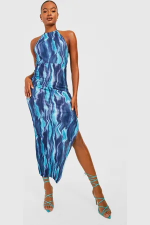 Boohoo Womens Tall Printed Plisse Pleated Split Midi Dress - - 10