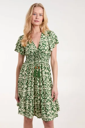 Blue Vanilla Womens Khaki V Neck Mini Dress With Flutter Sleeve - - S