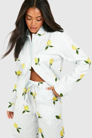 Boohoo Womens Cotton Poplin Lemon Stripe Long Sleeve Pyjama Shirt - - 14