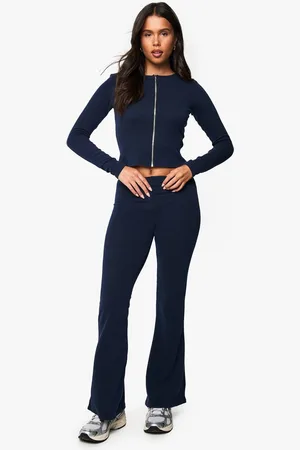 Boohoo Womens 2 Tone Rib Zip Up Top & Flared Trouser - - 14