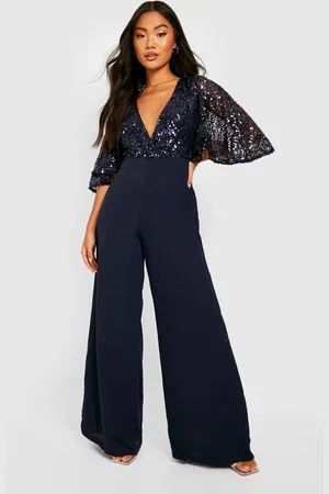 Boohoo Womens Petite Sequin Flared Sleeve Wide Leg Jumpsuit - - 10