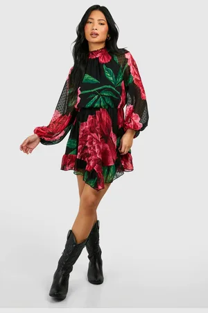 Boohoo Womens Petite Floral Dobby High Neck Smock Dress - - 10
