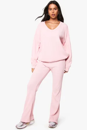 Boohoo Womens Waffle V Neck Slouchy Jumper and Flared Jogger Tracksuit - - M