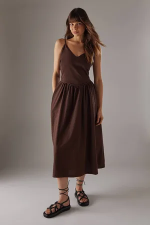 warehouse Womens Linen Blend Plunge Neck Midi Sundress - - 12