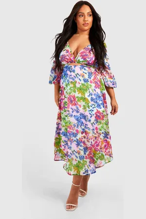 Boohoo Womens Plus Floral Chiffon Volume Sleeve Midi Skater Dress - - 28