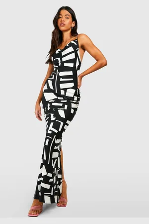 Boohoo Womens Tall Abstract Mono Print Cowl Strappy Satin Maxi Dress - - 10