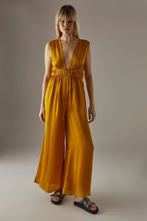 warehouse Womens Crinkle Satin Plunge Neck Tie Detail Jumpsuit - - 8