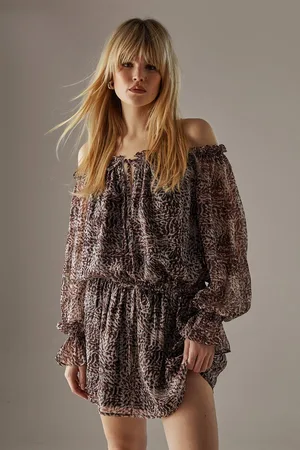 warehouse Womens Metallic Chiffon Bardot Drop Waist Mini Dress - - 10