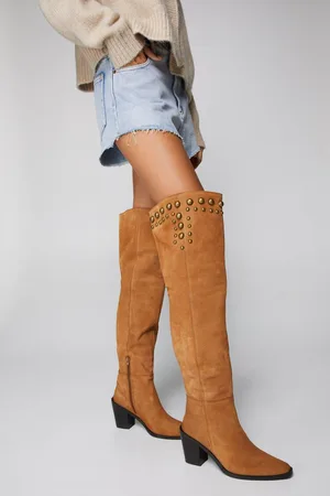 NASTY GAL Womens Real Suede Studded Over the Knee Boots - - 4