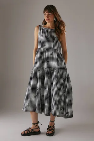 warehouse Womens Embroidered Gingham Sleeveless Midi Sundress - - 14