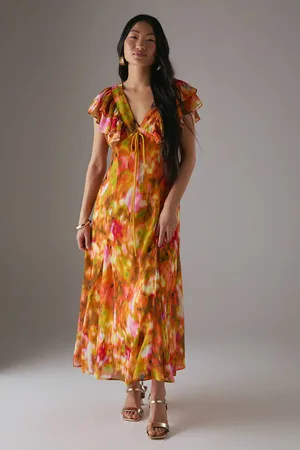 warehouse Womens Petite Floral Frill Tie Front Midi Tea Dress - - 12