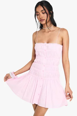 Boohoo Womens Cotton Shirred Bandeau Button Mini Dress - - 16