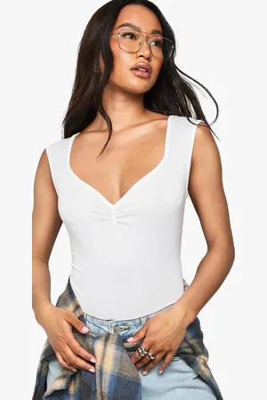 Boohoo Womens Super Soft Ruched Bust Sweetheart Neck Bodysuit - - 16