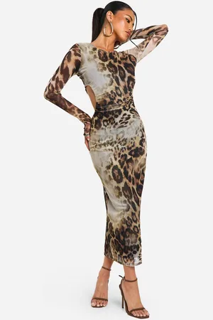 Boohoo Womens Cut Out Long Sleeve Ruched Leopard Mesh Midaxi Dress - - 18