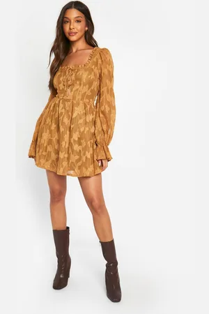 Boohoo Womens Textured Puff Sleeve Milkmaid Skater Dress - - 12