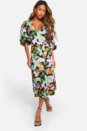 Boohoo Womens Printed Puff Sleeve Tie Back Midi Dress - - 14