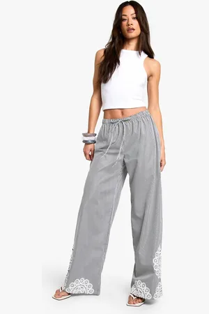 Boohoo Womens Tall Pinstripe Floral Embroidery Hem Trouser - - 18