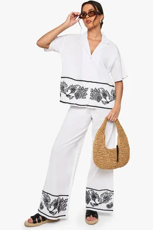 Boohoo Womens Embroidered Trim Cotton Poplin Wide Leg Trousers - - 14