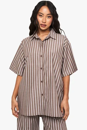 Boohoo Womens Cotton Tonal Stripe Oversized Pyjama Short Sleeve Shirt - - 10